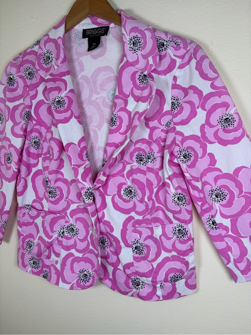 Briggs New York Pink Floral Blazer Jacket Size 14 Cotton Stretch Preppy Mod